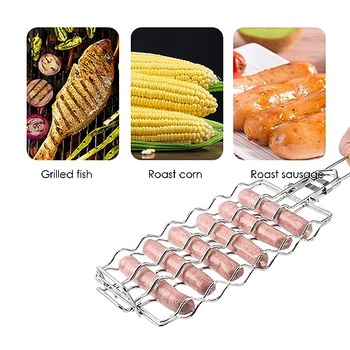 Wurstgrillkorb Edelstahl BBQ 6 Hot Dog Grillrost mit abnehmbarem Holzgriff Tragbares Grillzubehör