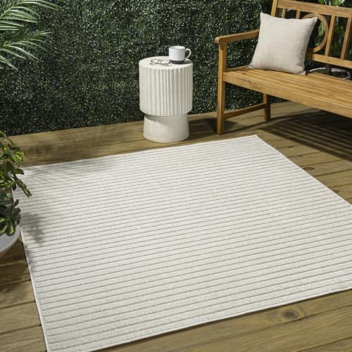JONATHAN Y SCN102B-7SQ Aarhus High-Low Minimalist Scandi Striped Ivory/Cream 7' Square Indoor/Outdoor Area Rug, Pet Friendly, Non-Shedding, Stain Resistant, Easy-Cleaning for Backyard, Patio, Porch