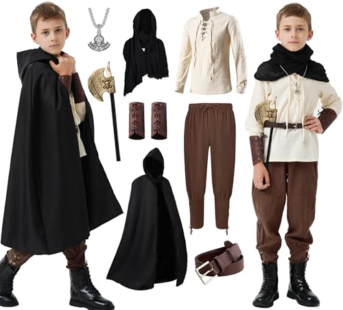 Image of 8 Pcs Medieval Costume for Boys Renaissance Viking Pirate Tunic Outfit for Kids