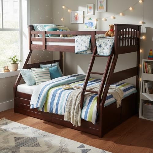 Image of APRODZ Haven Queen Size Solid Wood Bunk Bed with 2 Drawer Storage | Wooden Twin Over Bed with Ladder for Kids' Room Bedroom Living Room Home (Brown)