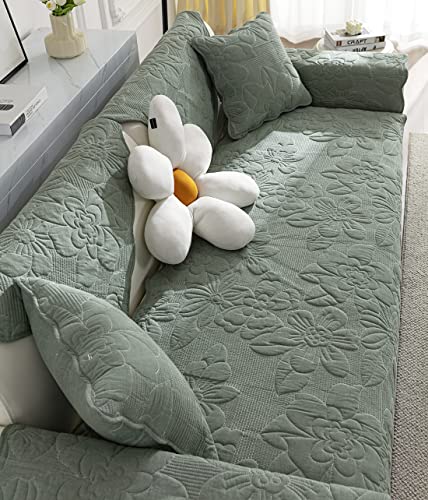 Xslive Vintage Floral Embroidery Sofa Couch Cover Soft Cotton Quilted Sectional Couch Cover Solid Non Slip Sofa Slipcover Furniture Protector For Living Room (Dark Green,28"X70") #TOP3