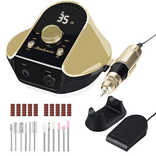 Madenia Professional Electric Nail Drill for Acrylic Gel Nails, 35000RPM Powerful Electric Nail File Machine with Foot Pedal, LCD Screen, 12 Nail Drill Bits, 62 Sanding Bands, 100-120V, Gold