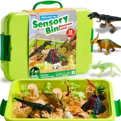 Klever Kits Dinosaurs Sensory Bin Toys for Toddlers with Glow in The Dark Dinosaurs, Sandbox with Lid Sand, Preschool Learning Activities Gifts for Boys Girls Age 3+ by JOVA