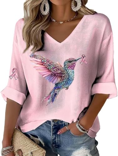 Women's Breast Cancer Hummingbird Pink Ribbon Print Vneck Long Sleeve T-Shirt Cancer Warrior Sweatshirt