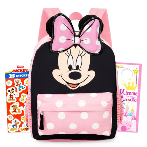Disney Minnie Mouse Backpack for Girls Toddlers Kids - Bundle with 12 Preschool Toddler Backpack with Ears, Bow, and Stickers (Minnie Mouse School Supplies)