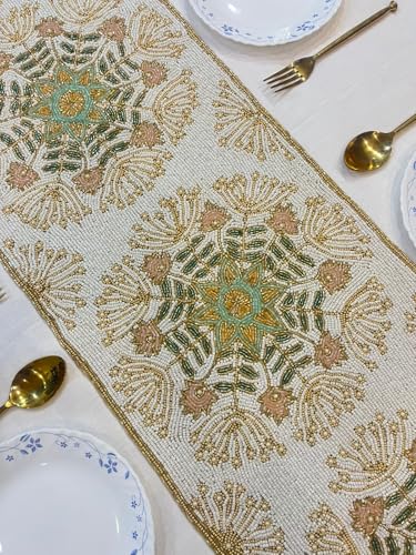 Image of Handmade Cream Gold Beaded Dining Table Runner | Elegant Console Runner for Dining Table Decor, Festive Decoration & Diwali Gifting | Luxury Bead Work Table Accent for Home & Parties