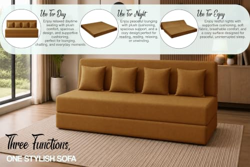 Image of Sofa Cum Bed with Jute Fabric, Convertible Four Seater Sofa Bed 6x6 Ft, Comfortable Cushioned Seating, Space Saving Design for Living Room, Bedroom & Guest Room - Golden Color