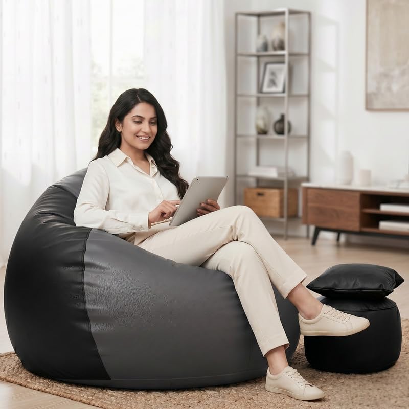 Image of Biggie Bean Bag 7XL Bean Bag Chair with Beans Filled - The Classics Bean Bag Sofa - Combo Set-Styled for Elegance with Free Cushion & Footrest (Matching Color : Xedrix Dark-Grey-Black)