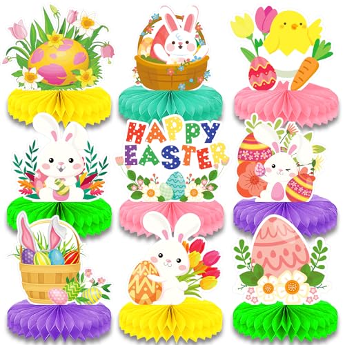 Image of 9 Pieces Easter Honeycomb Centerpieces Table Decor, Cute Bunny Chick and Eggs Happy Easter Spring Festive Pattern Table Topper Ornaments Signs, Holiday Easter Day Party Decorations