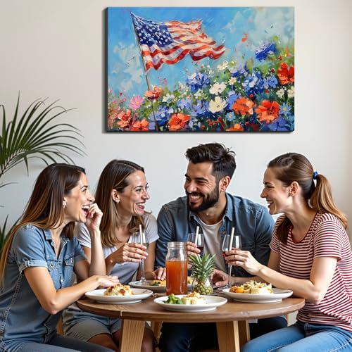 Image of Framed 4th of July Fireworks Wall Art, Patriotic USA Canvas Art Pictures, American Flag Wall Decor, Made in USA Ready to Hang for Living Room Bar Patio