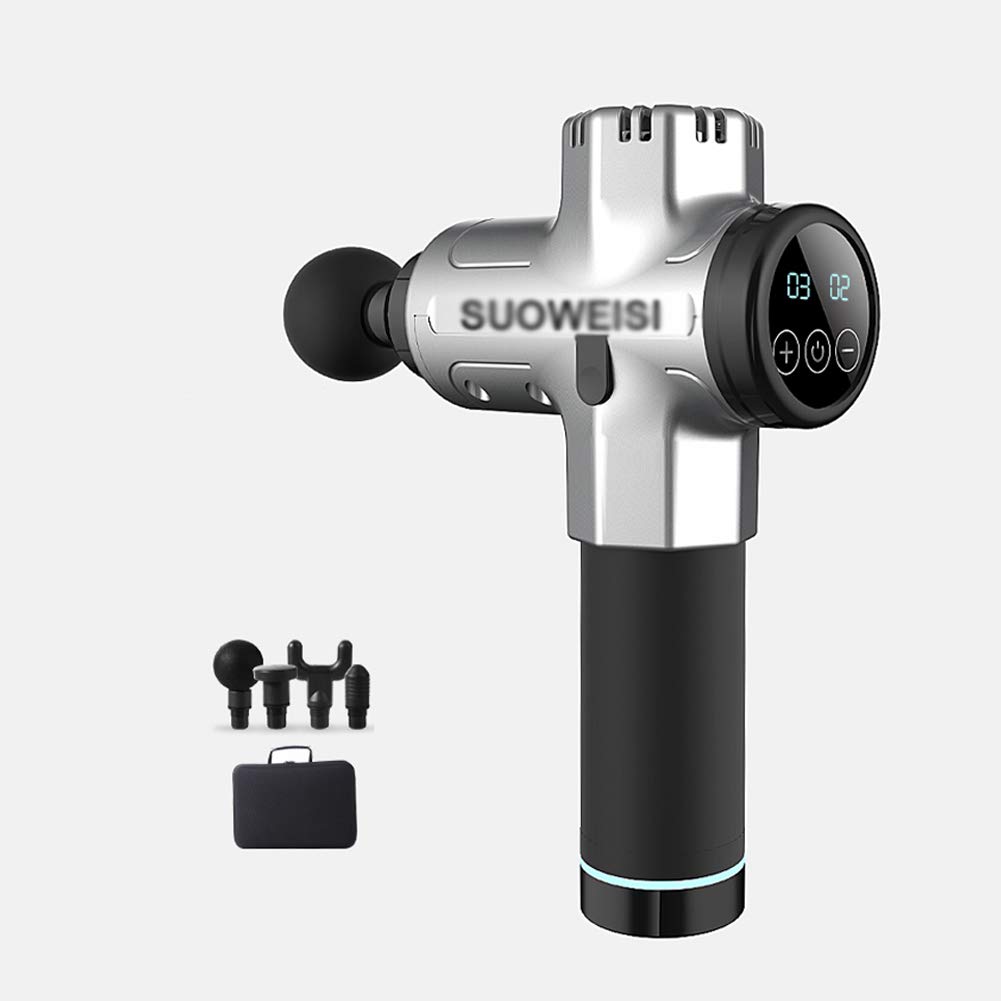 Pistola per Massaggi, Massaggiatore Muscolare Palmare per Tessuti Profondi, Pistola A Fascia Regolabile 2400mAh 20 velocità con 4 Teste di Massaggio, Riduzione Intelligente del Rumore