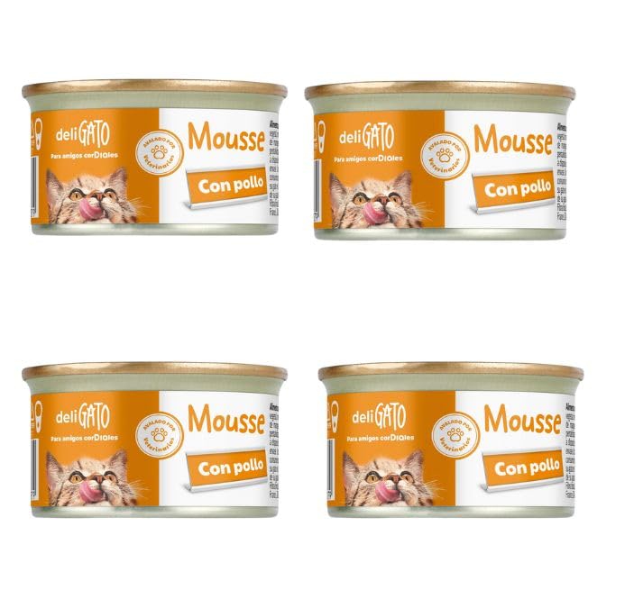 DeliGATO Mousse con Pollo para Gatos, Comida Húmeda Gourmet, Caja de 4 Latas de 57gr
