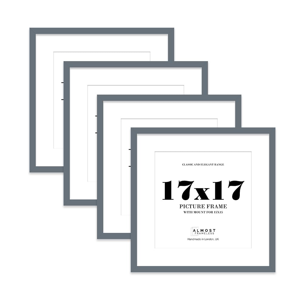 17x17 Grey Picture Frame with Mount for 15x15 Photos, Prints - Modern Square Wall Frame, Set of 4
