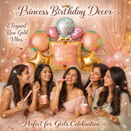 Image of Propsicle Stay Fabulous Birthday Balloon Set Pack of 5 with 36 Inch Square Foil, 18 Inch Star, Printed Round Rose Gold Theme for Women Girls Photo Booth Decoration
