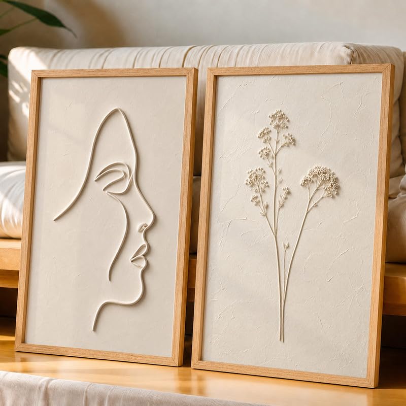 Image of NoWorries Minimal Line Art Wall Painting Set of 2 with Frame | Abstract Woman Face & Botanical Flower Beige Artwork, Modern Neutral Wall Decor for Living Room, Bedroom, Office and Home Decoration (Art-8, 21x31inch)