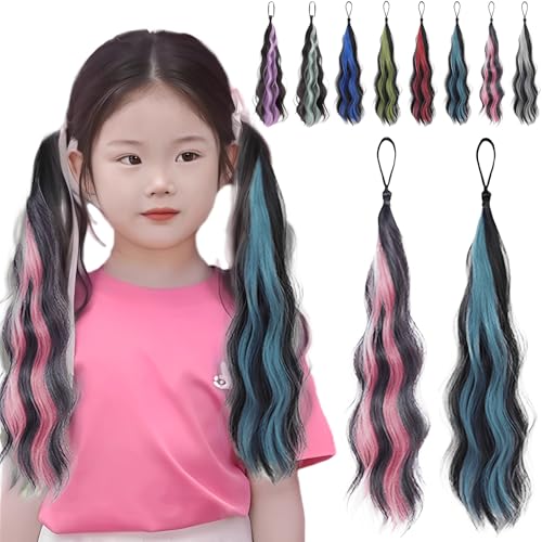 エクステ 子供 ダンス カールエクステ ゴム付き 2本セット キッズ 巻き髪 カラー ロング ヘアエクステ 毛束 ポニーテール お団子 三つ編み 付け毛 レディース 耐熱 人工毛 自然 簡単取り付け ヘアアレンジ 髪飾り ヘアアクセサリー 発表会 舞台用 (ピンク+ブルー)
