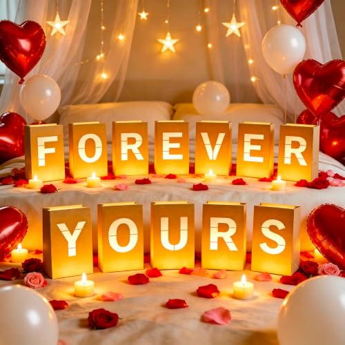Image of FOREVER YOURS Light Up Letters, with Tea Lights Candles, Rose Petals, Pearlescent Foil Balloons - Luminary Paper Bags, Anniversary Decorations and Valentines' Day Decorations for Your Loved One