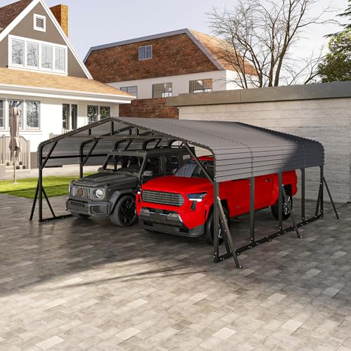 Image of Jocoevol 20x20FT Heavy Duty Metal Carport, Outdoor Car Garage with Support Rods & Windproof Ground Anchors, All-Season Versatile Canopy Tent for 2 Car, Boats, Truck