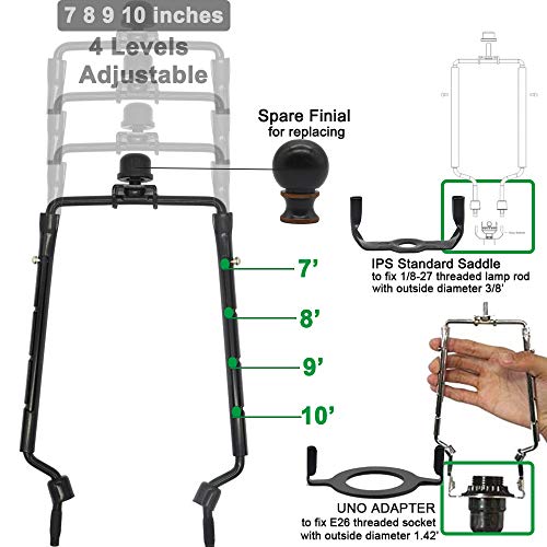 7 8 9 10 inch Lamp Shade Harp Holder,Adjustable Lamp Harp Kit,Fit both Standard Lamp Rod and E26 Light Base UNO Fitter Adapter,with 2 Shade Attaching Finial Top,Black Horn Frame Lampshade Bracket - Thumbnail 3