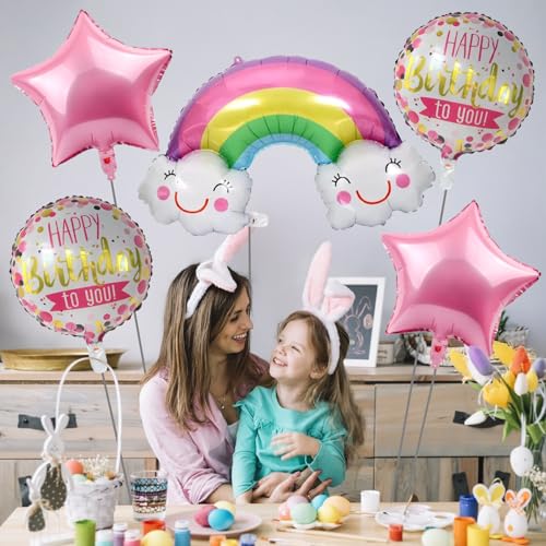 Image of Party Propz Rainbow Theme Decoration For Birthday - Set of 5 Pcs Rainbow Balloon For Decoration Combo | Happy Birthday Foil Balloon | Star Foil Balloons For Decorations | Pink (Foil)