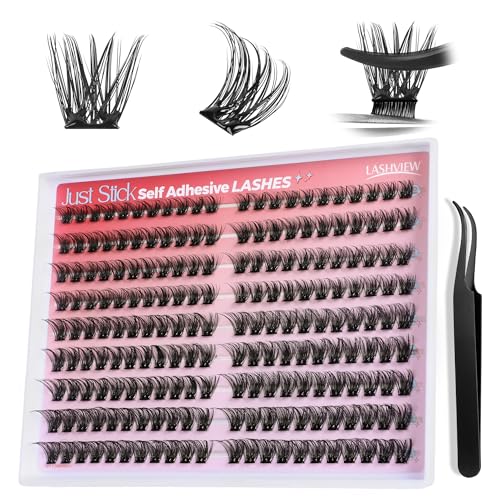 LASHVIEW Selbstklebende Wimpern Extensions 198pcs D Curl 3 Sekunden schnell aufsetzen anfängerfreundlich super tragbar natürliche Press on Lashes perfekt für Alltag Arbeit Date und Party(A14)
