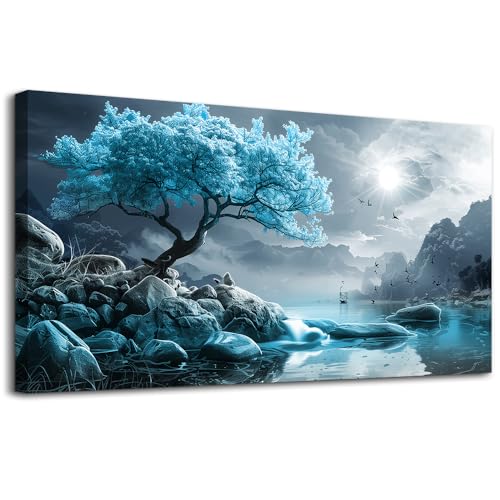 KELIYUAN Canvas Wall Art For Living Room Large Wall Decor For Bedroom Blue Tree Landscape Painting Black And White Wall Pictures Artwork Office Works Frame Canvas Art Modern Home Decoration 24x48in
