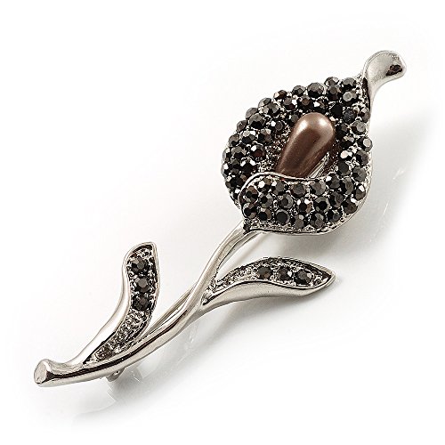 Broche lys calla noir de jais Avalaya avec perle et cristal