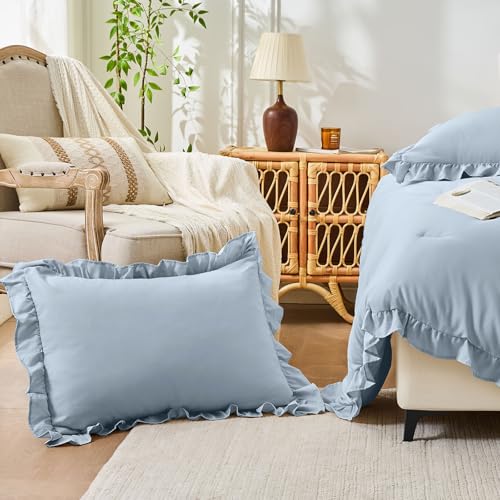 Image of FUANNA Queen Comforter Set Grayish Blue, 3 Pieces Ruffle Queen Bed Set, Fluffy Bed in a Bag Queen for All Seasons, Shabby Chic Bedding Comforter Sets with 1 Lightweight Comforter & 2 Pillowshams