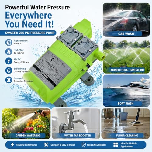 Image of SWASTIK 250PSI High Pressure Diaphragm Pump Double Motor 12V DC Electric Battery Operated Sprayer Pump for Agriculture Farm Fogger Misting Spray with Ragulotor, Double Switch and Outlet Pipe 4 Feet