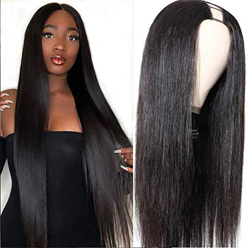 U Part Straight Wigs Brazilian Virgin Human Hair 2''x 4''Middle Part Clip In Hair Extensions U Shape Straight Glueless Full Head Clip in Half Wigs for Black Women（14inch，U-Part Straight wig）