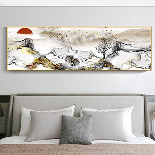 Arte de pared en lienzo premium de paisaje de tinta china con aves voladoras doradas