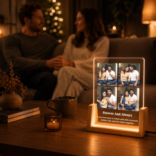 Image of Giftplease Personalized LED Acrylic Photo Frame with Custom Photo & Text | Engraved Acrylic Picture Lamp | Wooden Base |Customized Picture Frame | Anniversary Wedding Birthday Couple Family Home Decor