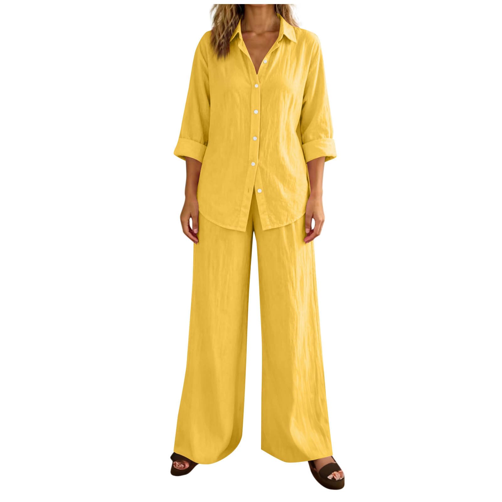 Mock Linen Co Ord Set per le donne Plus Size Casual 2 pezzi Abiti a maniche lunghe Button Down Camicia a gamba larga Pantaloni Loungewear Set Casual Allentato Tie Back Tute Da Viaggio Set Aeroporto