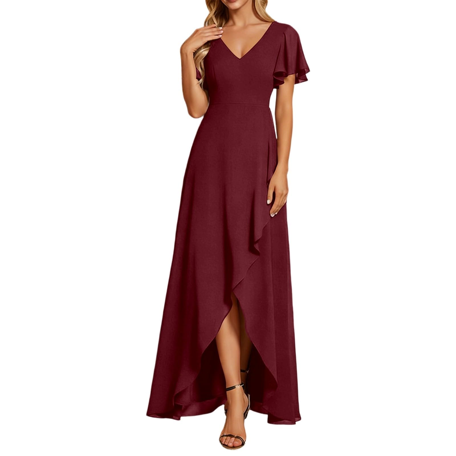 Abito estivo da donna, in chiffon, girocollo, lunghezza al ginocchio, abito da sera, corto, linea A, per il tempo libero, elegante, mini abito da festa