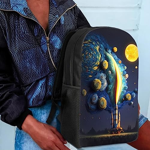 Kids School Backpack Art Oil Painting Book Bags School Bag Bookbag for Teen Youth College Students,Moon Blue Rose Rocket4
