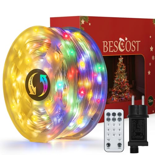 BESCOST Guirnaldas Luces Exterior 50M, 500 LED Luces Navidad Exterior con 11 Modos, IP65 Impermeable, 3 Temporizadores, Decoración para Navidad, Fiesta, Jardín, Balcón, Patio y Boda