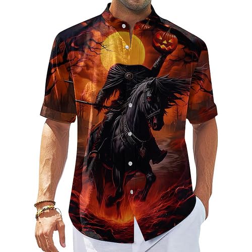 Skull Button Down Shirts for Men Novelty Headless Horseman Print Stand Collar Shirt Mens Personality Daily Streetwear