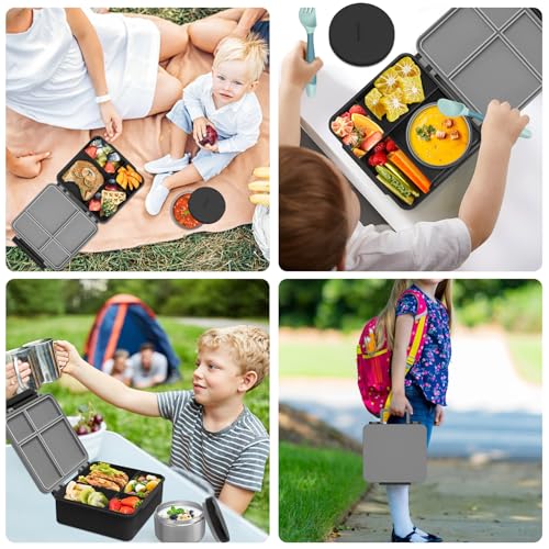 Aimsnk Kids Bento Lunch Box with 8oz Soup Thermo, Kids Leakproof Lunch Food Containers with 4 Compartment,Insulated Hot Food Jar with Lunch Bag for School, Travel (Black) by Aimsnk - Image 8