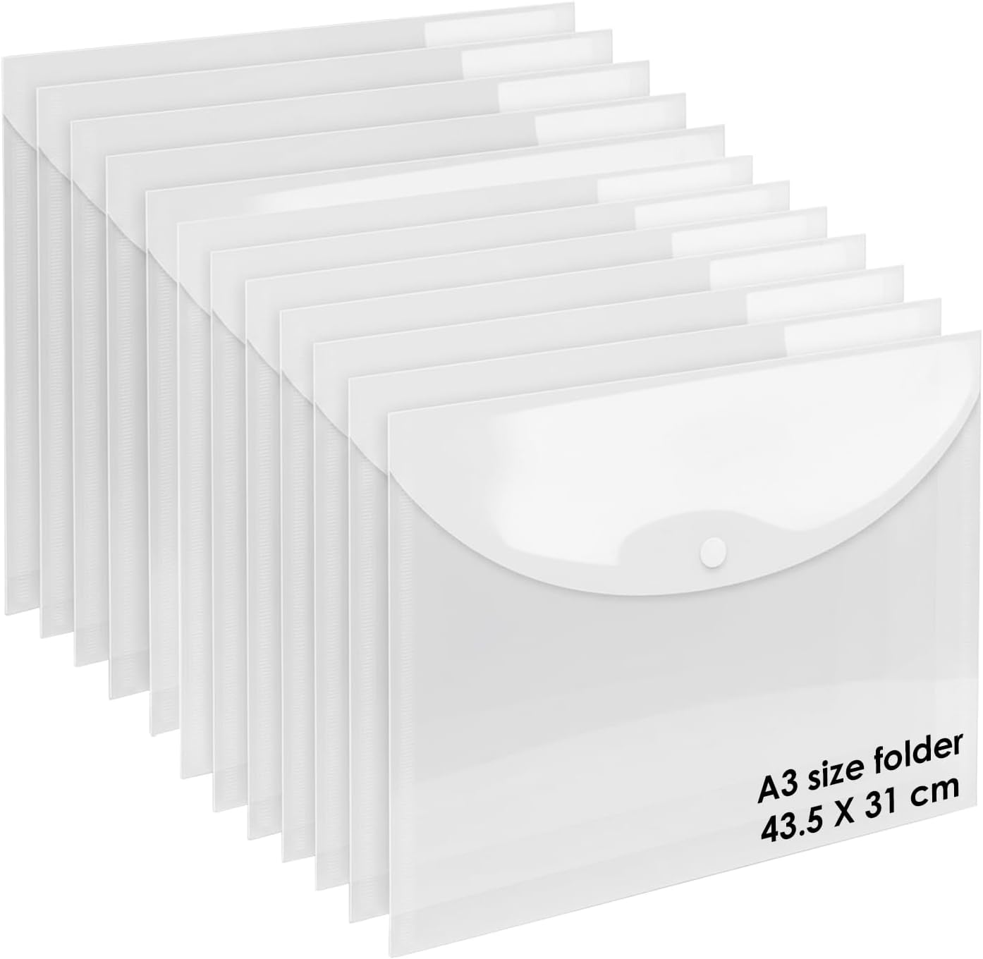 Shuban Document File Folders with Snap Button Closure, Waterproof Plastic Envelope Pouches for Letter/A4 Size Paper, Assorted Transparent Colors (Style-6-A3 Clear Transparent Folder-12Pcs)