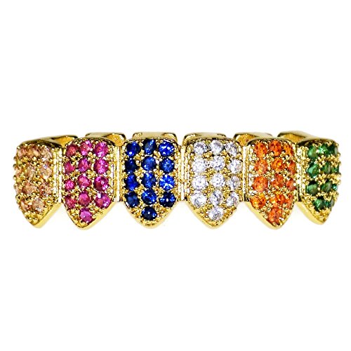 18K Gold Plated Multi-Color Clown Grillz Bottom CZ Bling Cubic Zirconia Lower Teeth Hip Hop Grills