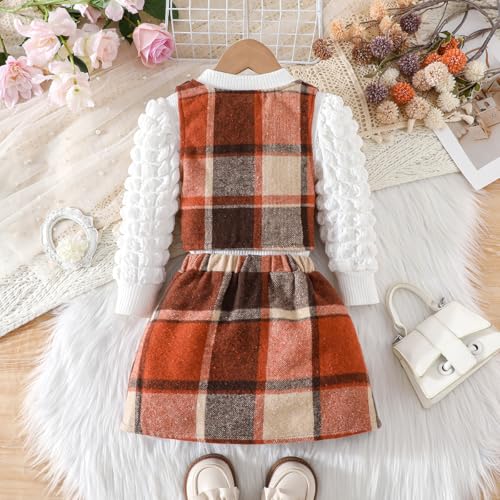 Image of Toddler Girls Christmas Outfits Girls Puff Sleeve Knit Ribbed Tops Button Down Vest Plaid Skirt Set Winter Clothes