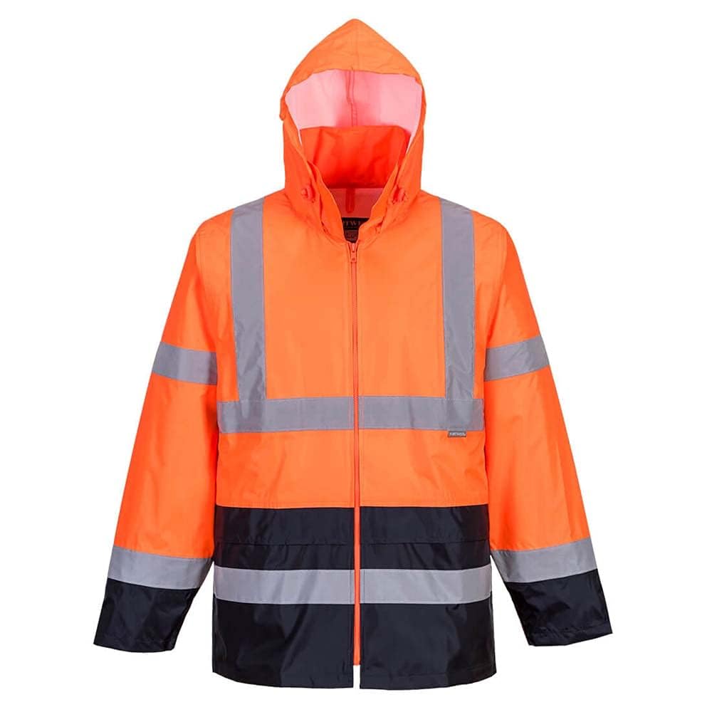 Portwest H440 Waterproof Hi Vis Rain Jacket Mens Reflective Protective Wear Lightweight Hooded Work Coat Breathable Safety Jacket Bio Motion Tape Two Lower Pockets, Orange, 5XL