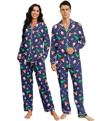 Image of RAISEVERN Couples Christmas Matching Pajamas 2 Piece Women Men Xmas Pjs Soft Pajama Set Long Sleeve Loungewear Warm Sleepwear