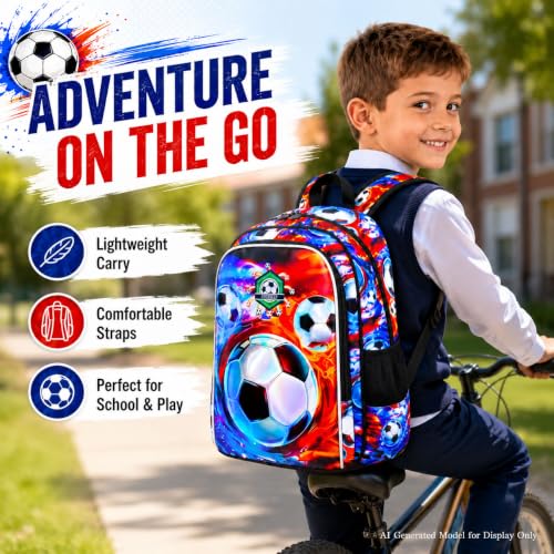 Image of 17 inch Soccer Backpack for Boy, 3Pcs Football School Backpacks with Lunch Box, Kids Bookbag for Elementary Preschool Kindergarten(Ice and Fire)