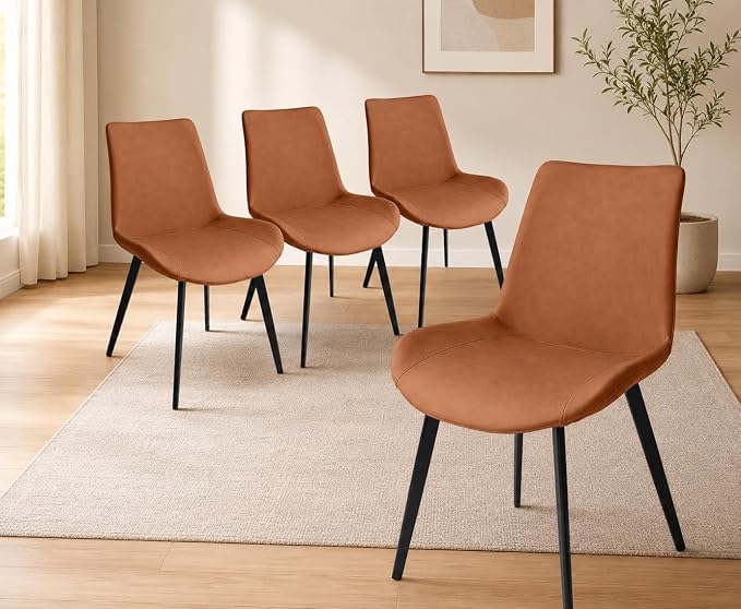 Modern Dining Chairs Set of 4,Faux Leather Upholstered, Black Metal Legs, Mid-Century Style (Camel)-image-6