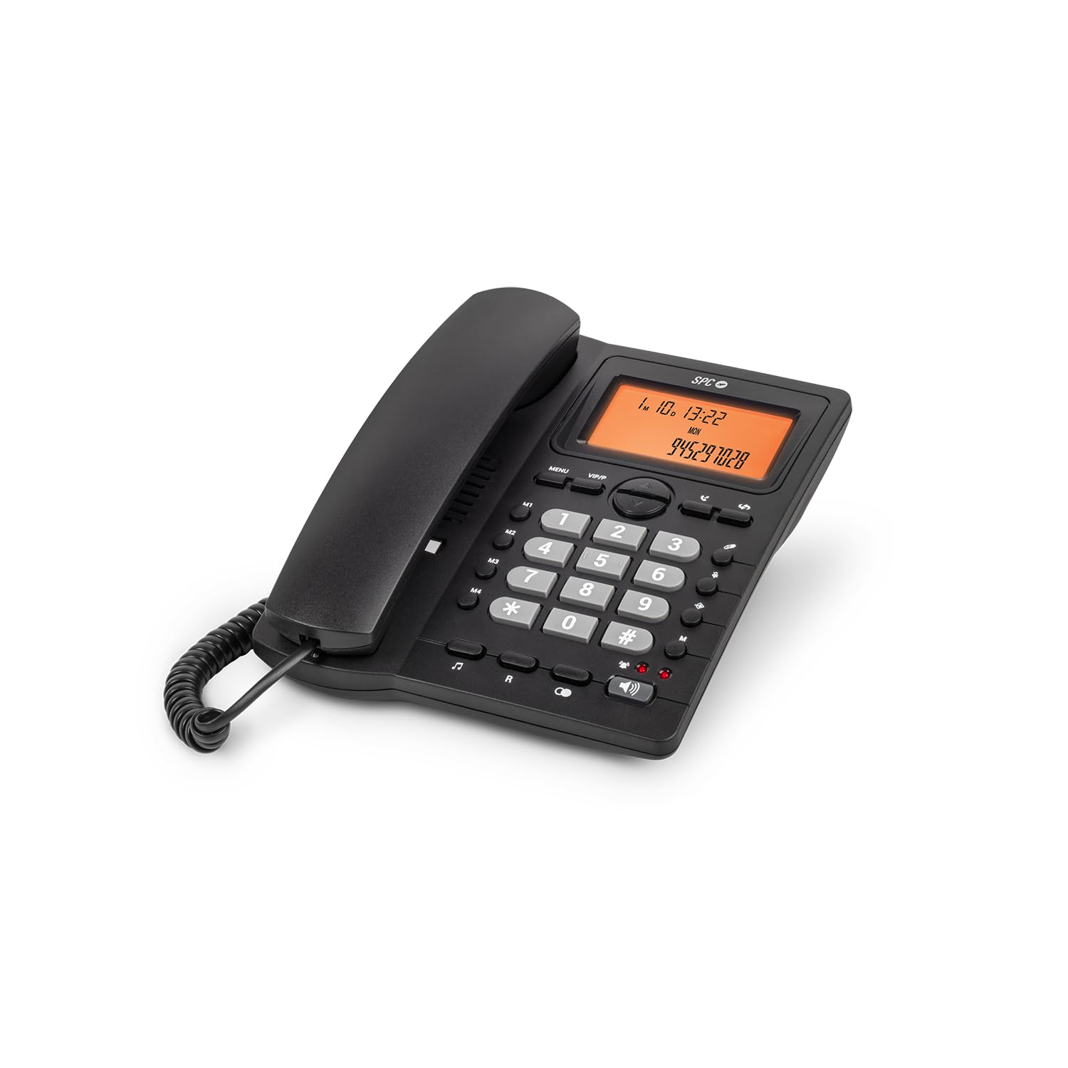 SPC Office ID 2 - Festnetztelefon mit beleuchtetem Display, 4 Direktspeichern und 10 indirekten Speichern, 2 Ruftonstufen, Anrufer-ID, Lichtsignal, Freisprechfunktion, Tisch-oder Wandmontage – Schwarz