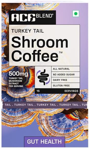 Turkey Tail Mushroom Coffee (15 Serves)| 500mg Turkey Tail Mushroom Extract | KSM 66 Ashwagandha, L-Theanine, MCT Powder | Gut Health, Digestion Support | Instant Coffee | Medium Roast Blend