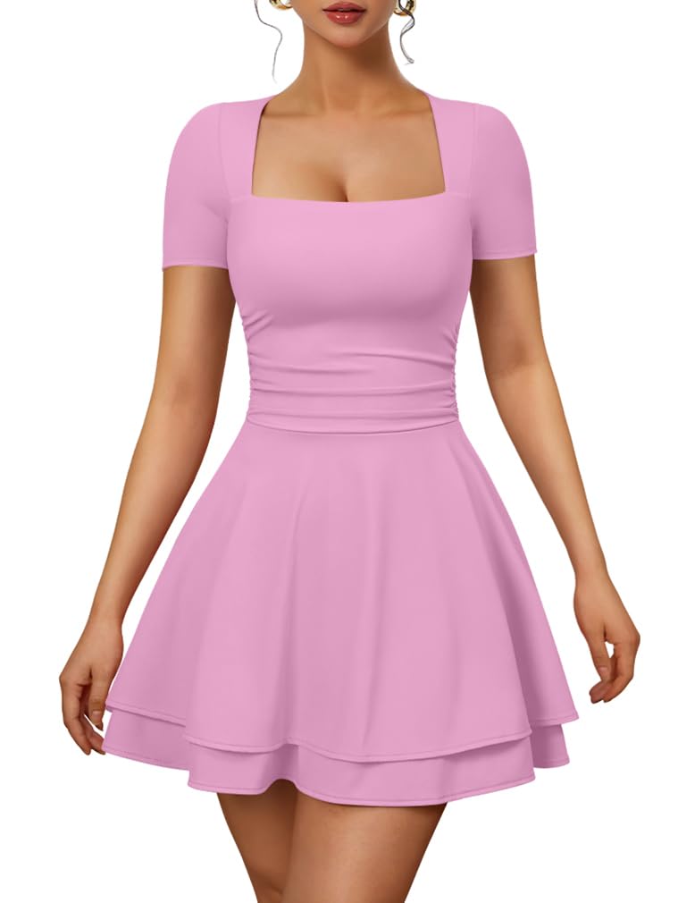 XXTAXN Womens Sexy Square Neck Short Sleeve Flowy Club Mini Dress
