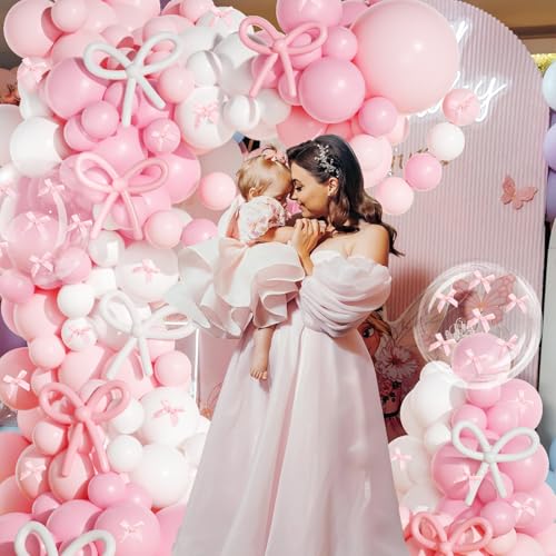 Image of Pink Bow Balloons Arch Kit,JOGAMS 199Pcs Coquette Balloons Garland with 260 Clear Balloons Pink Ribbon Bow for Bow Coquette Birthday Decorations Bachelorette Baby Shower Bridal Shower