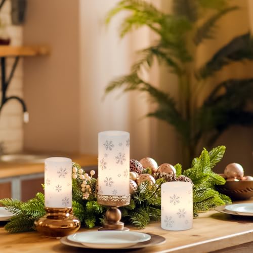 Image of KunSween Christmas Flameless Candles with Timer, 3 Pack LED Pillar Candles with Silver Snowflake Decals and Real Wax, Christmas Winter Decorations for Home Indoor Table Centerpieces